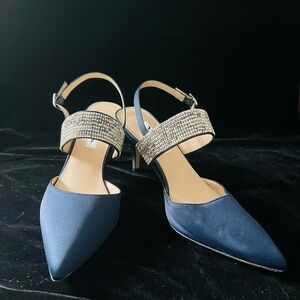 Elegant Navy Blue Women's Heels with crystal band. 3” heel